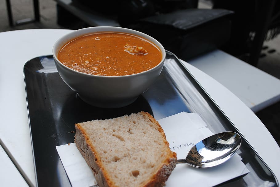 soup, food, pumpkin, orange, plate, restaurant, tasty, café, bread, spoon