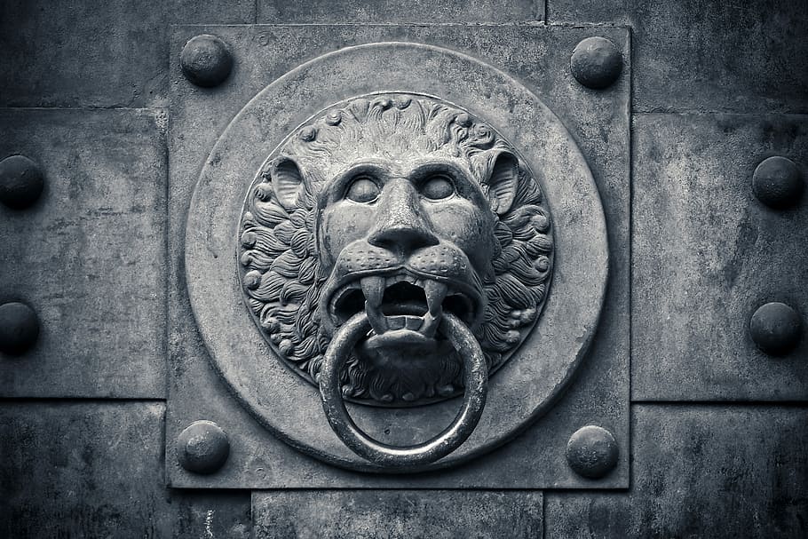 pomo de la puerta del león, objetivo, portal, puerta, entrada, históricamente, arquitectura, antiguo, guarniciones, puerta vieja