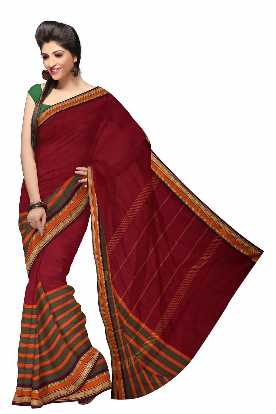 wearing, red, orange, green, sari dress, Fashion, Silk, Dress, Woman, Model