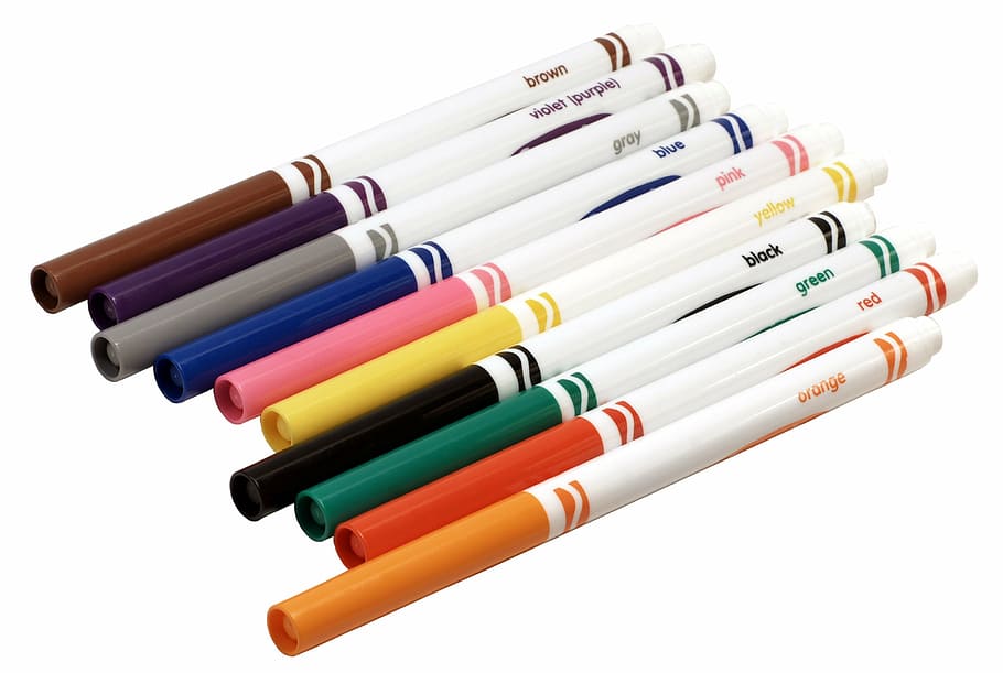 marcadores de caneta sortidos, canetas de feltro, cores, lápis de cor, marcadores, multi colorido, cor branca, variação, grande grupo de objetos, fundo branco