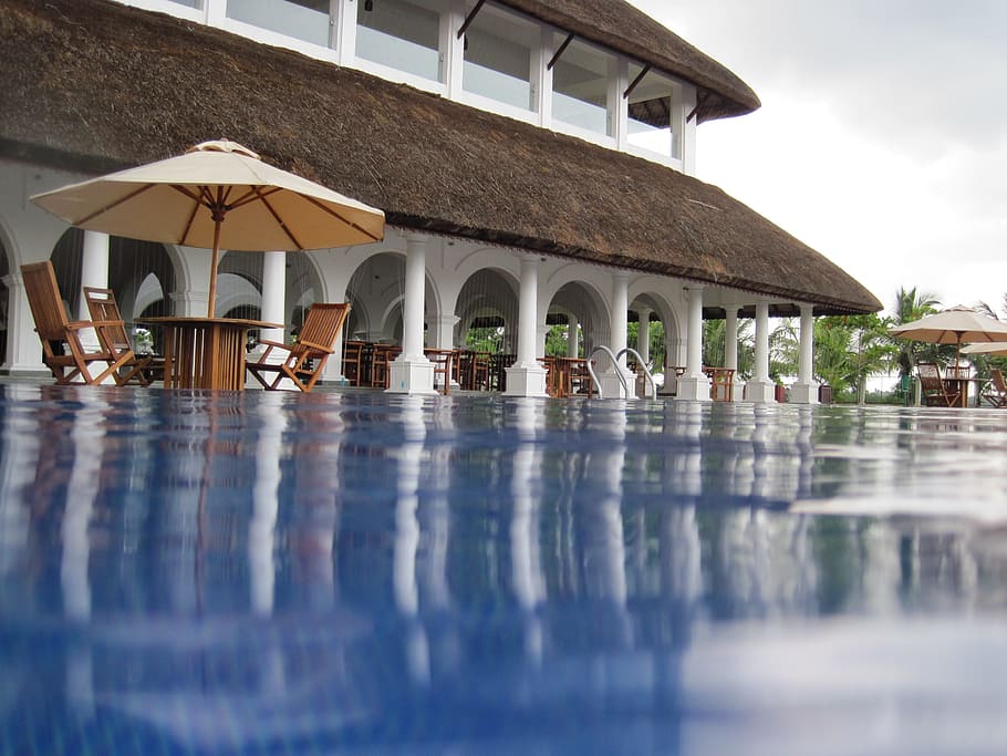 brown, white, parasol umbrella, building, calm, water, hotel, swimming pool, beach resort, le pondy