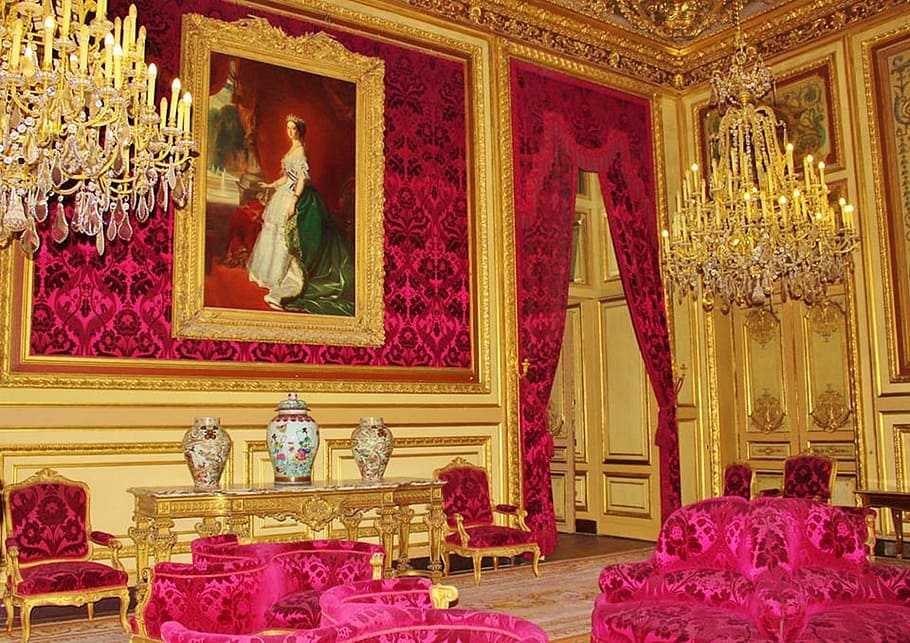 oro, rosa, sala de estar, conjunto, París, Francia, lumbrera, palacio de la lumbrera, artística, monumento