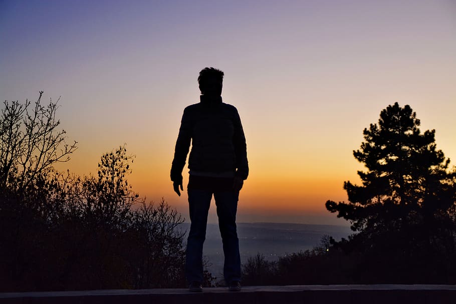 silhouette, man, standing, sunset, landscape, autumn, in the evening, woman silhouette, vista, full length