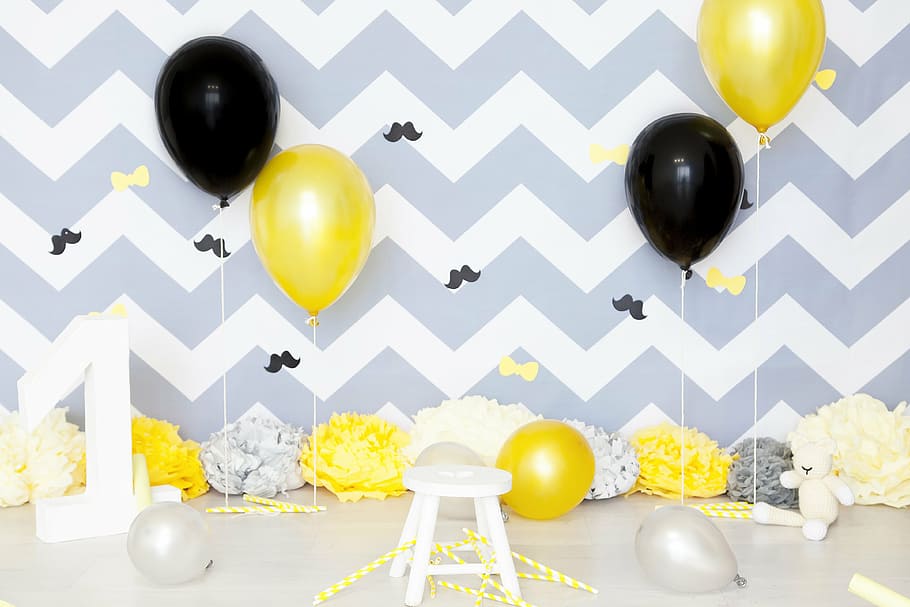 white-and-gray chevron wall, assorted-color balloon photo booth, baby, boy, birthday, yellow, child, kid, backdrop, background