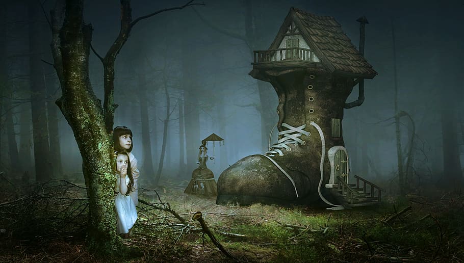 dua, gadis, rumah boot, wallpaper hutan, dongeng, fantasi, hutan, anak-anak, penyihir, rumah