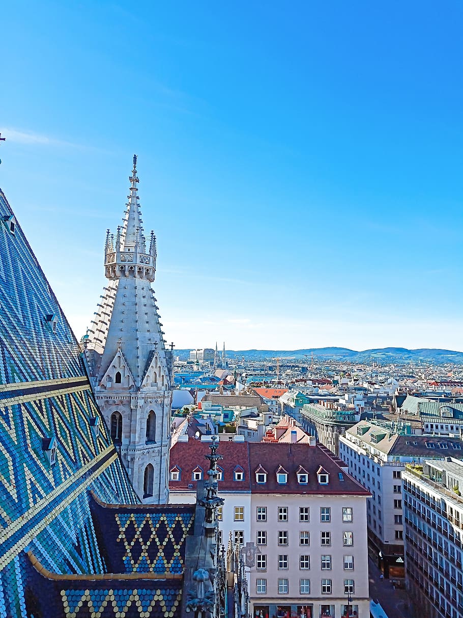 vienna, austria, building, city, traveling, sky, europe, blue, church, panorama