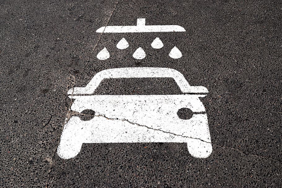 vehicle, get, wet, sign, gray, asphalt surface, car wash, clean, wash, water