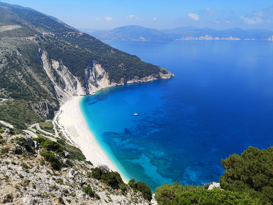 kefalonia, myrtos, beach, greece, azure, coastline, bay, cephalonia, paradise, nature