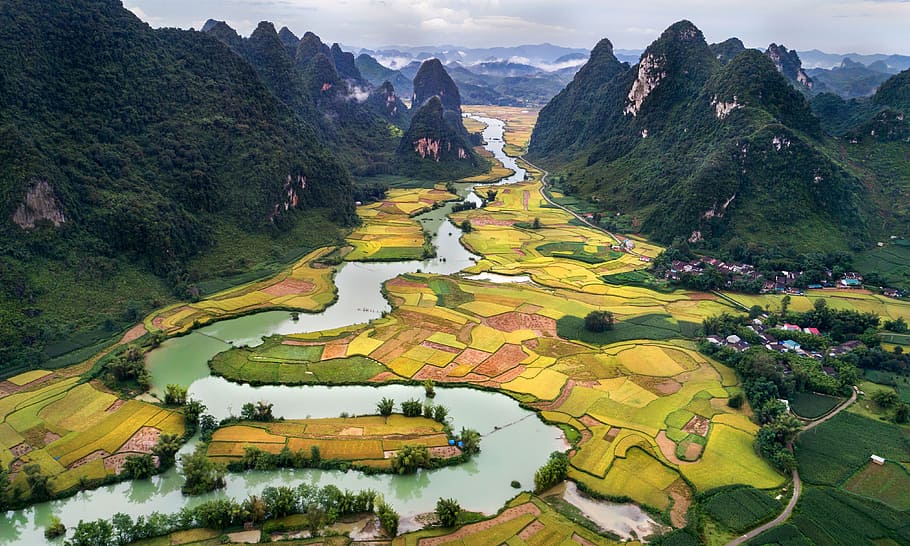 river, middle, landscape photo, scenery, style nam a perspective, cao bang vietnam, mountain, scenics - nature, environment, landscape