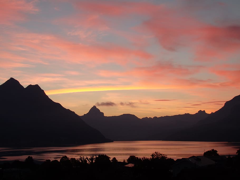日の出, ルツェルン湖地域, スイス, 山, 空, 自然の美しさ, 日没, 静かなシーン, 風景-自然, 水