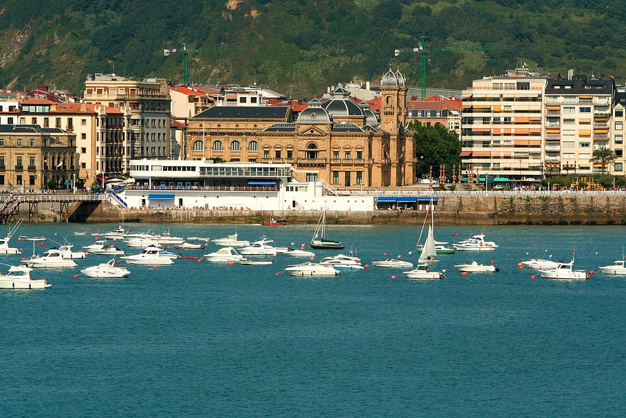 san sebastian, spain, port, beach, harbor, boats, sailboats, basque, europe, city