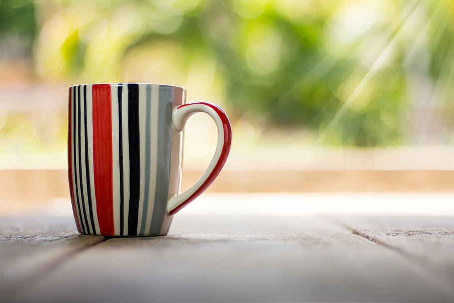 red, black, gray, striped, ceramic, mug, cup, top, view, coffee