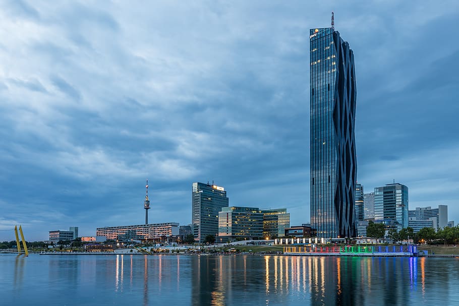 donau city, dvtower, cloudiness, skyline, water, skyscraper, clouds, architecture, building, reflection