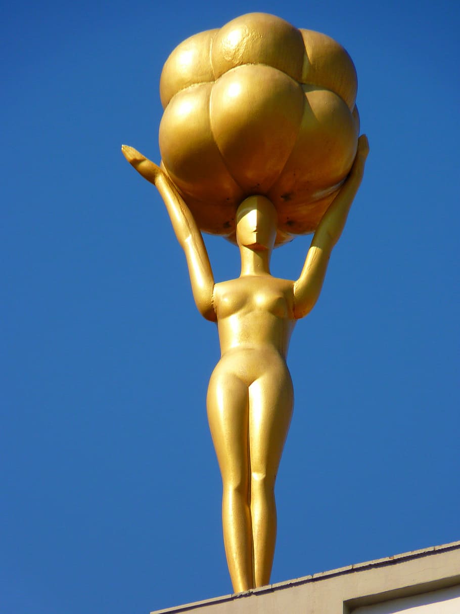 Figure, Dalí, Golden, Museum, Figueras, spain, sky, statue, gold colored, gold