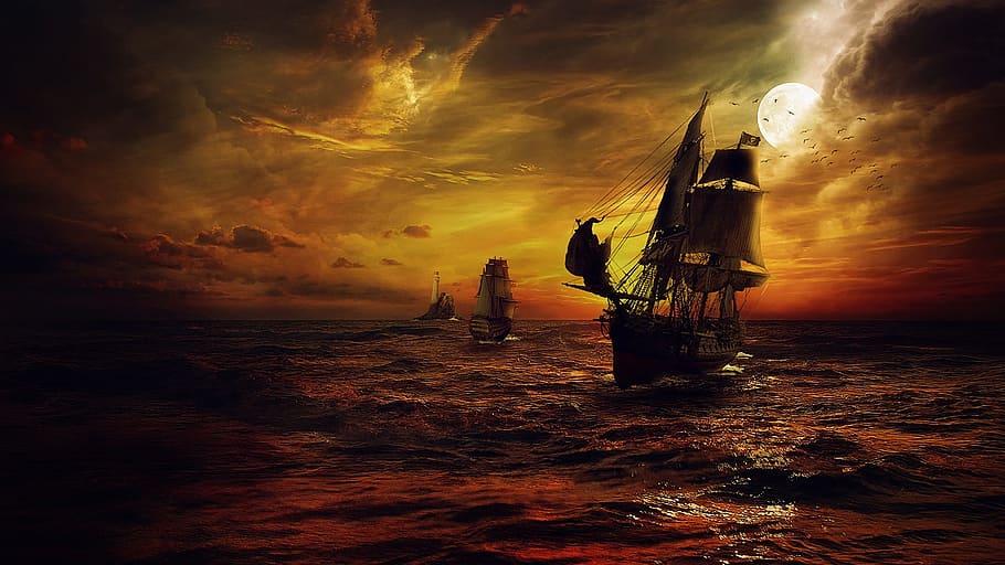 coklat, ilustrasi kapal galleon, kapal, strom, laut, malam, fantasi, merah, bajak laut, bulan