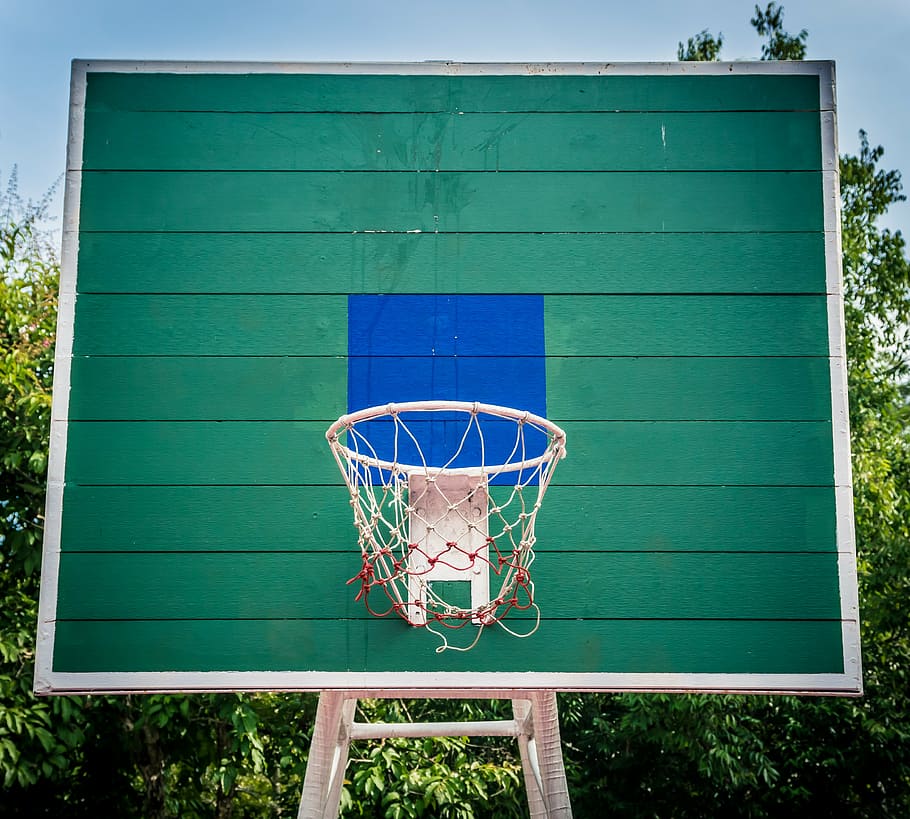 teal, white, outdoor, basketball hoop, basketball, court, playground, park, public, game