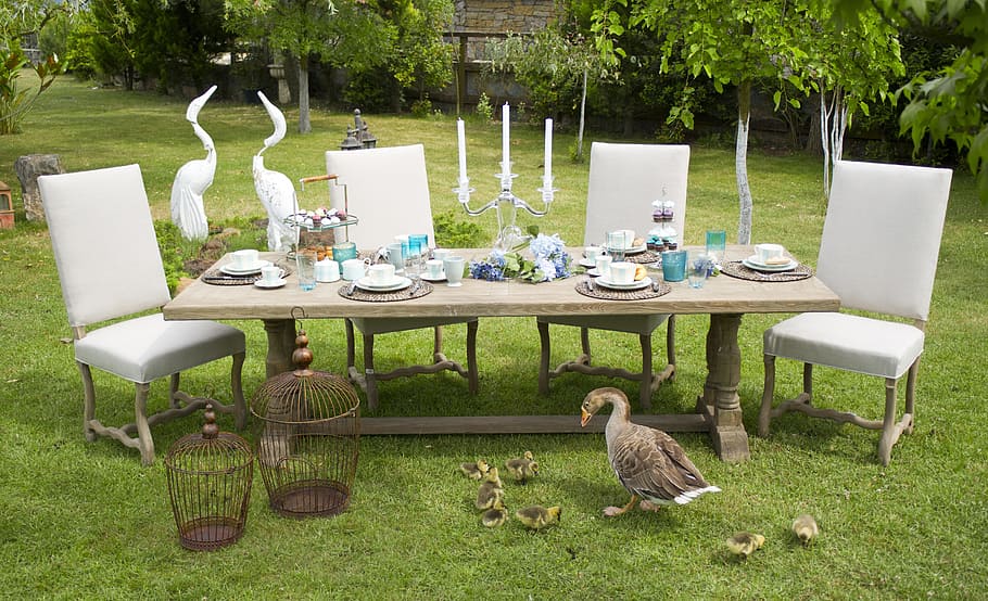 gray, wooden, table, four, white, parson chairs, invite, food, garden, home
