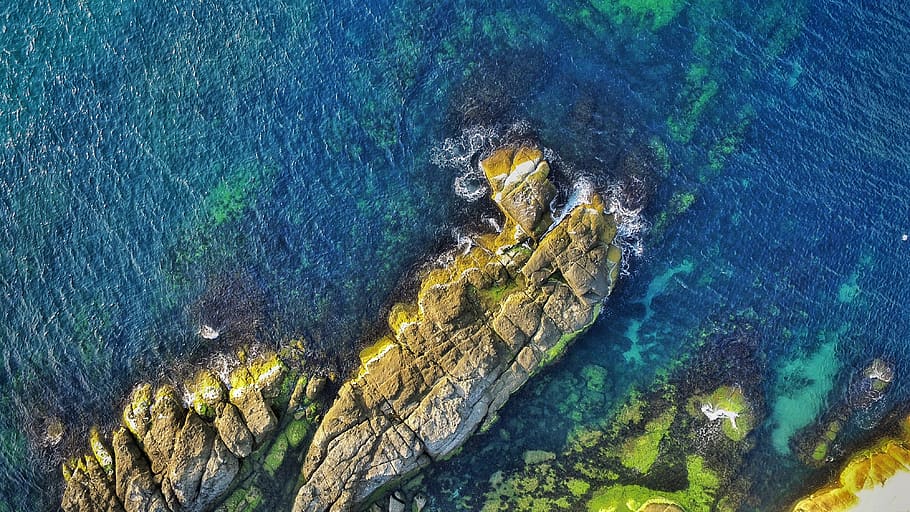 nature, aerial, water, ocean, sea, rocks, waves, blue, green, high angle view
