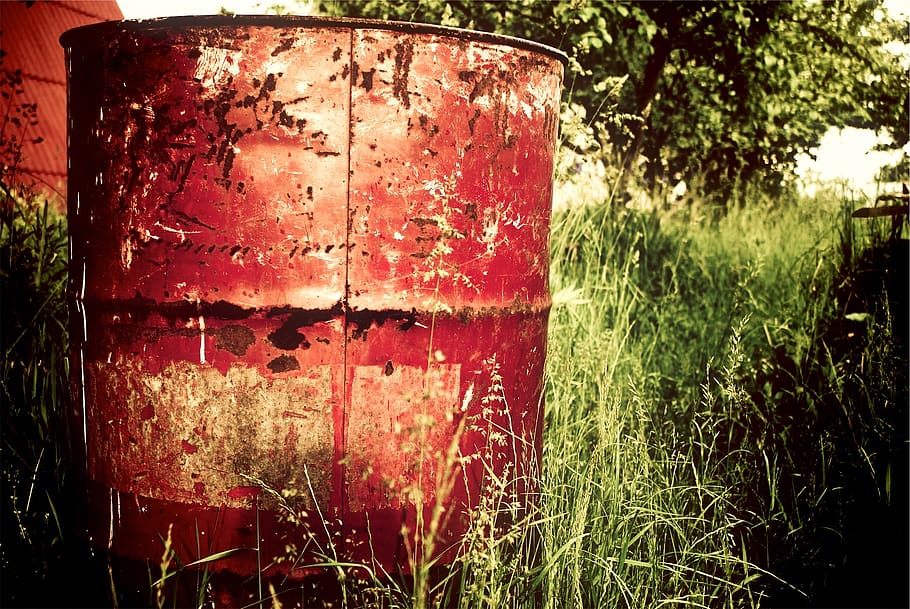 barrel, farm, red, trash can, garbage can, rust, trees, grass, green, wheat