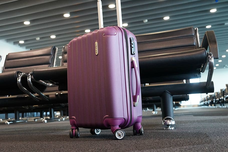 purple, luggage, gang chair, airport, terminal, trip, flight, departure, vacation, journey