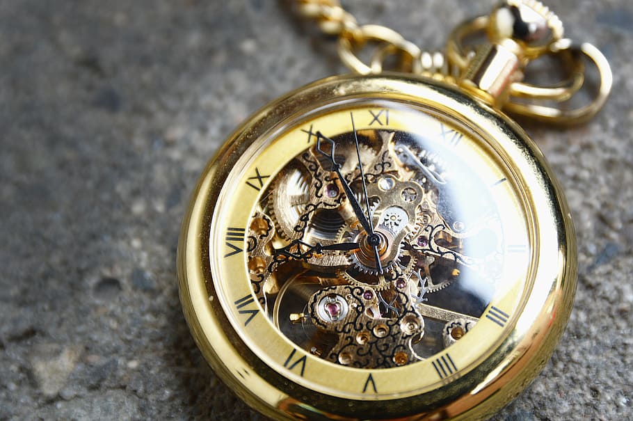 gold-colored skeleton pocket, watch, reading 7:50 time, clock, pocket watch, gold, time, valuable, movement, gear