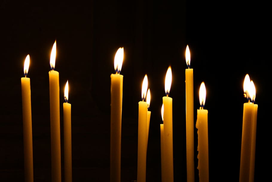 yellow taper candles, life, beauty, scene, candles, burn, wax, light, warmth, heat