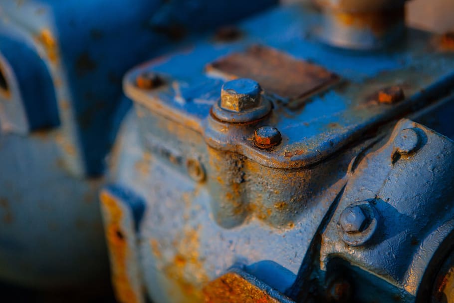 Oxidado, motor de color azul, motor., capturado, Close-up shot, azul, de color, motor, imagen, Dungeness