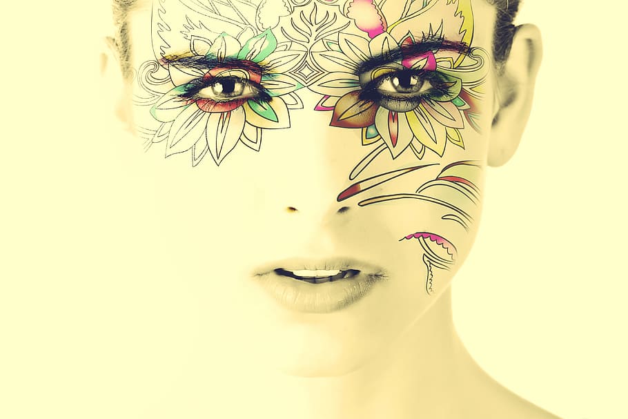 woman, floral, face paint, model, face, tattoo, body part, human body part, portrait, one person