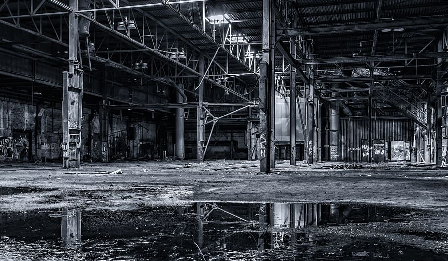 grayscale photography, inside, building, space, hall, keller, factory, pforphoto, construction, blank