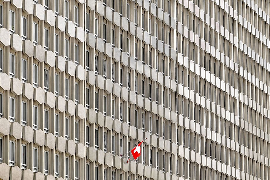building, modern, concrete, red flag, office, swiss embassy, switzerland, luxembourg, europe, building exterior