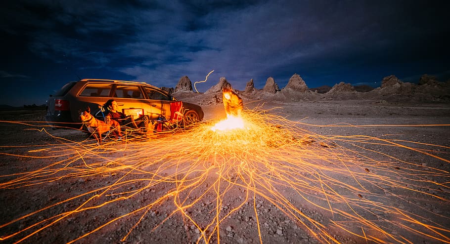 car, desert, landscape, light streaks, lights, outdoors, sand, vehicle, motion, heat - temperature