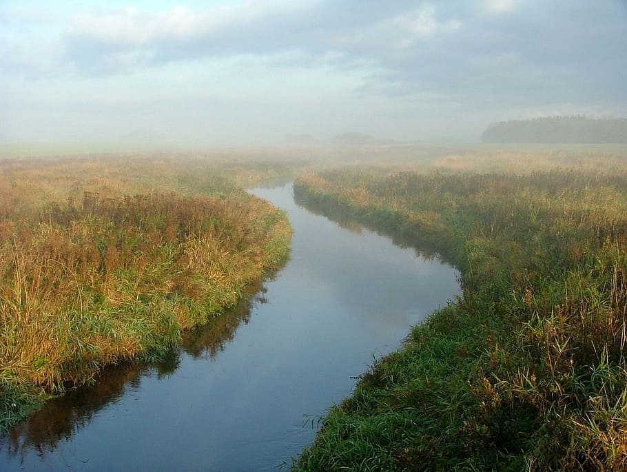 å, morning, mist, streams, ditch, fields, nordjylland, lindholm å, denmark, mirroring