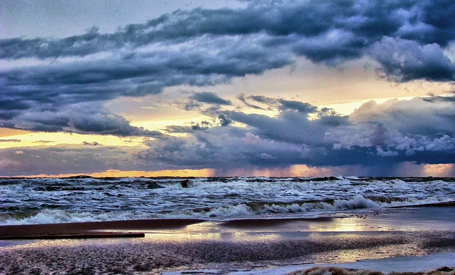 costa, cinza, céu, dia, mar Báltico, praia, mar, nuvens, nublado, marinha