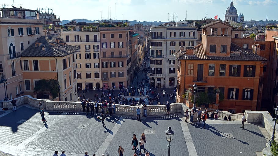 people, roof, top, buildings, italy, rome, looking down the trevi fountain, architecture, building exterior, city