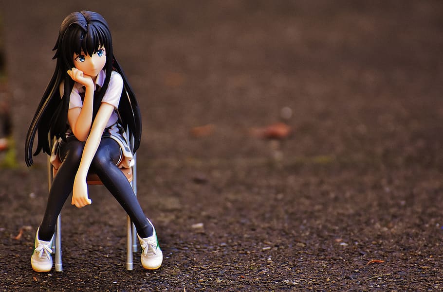 aki adagaki figurine, girl, sad, chair, sit, thoughtful, anime, view, figure, decoration