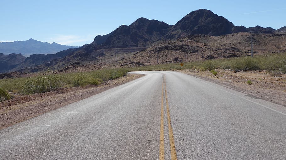 desert highway, asphalt, yellow double line, mountains, road, desert, mountain, transportation, the way forward, environment