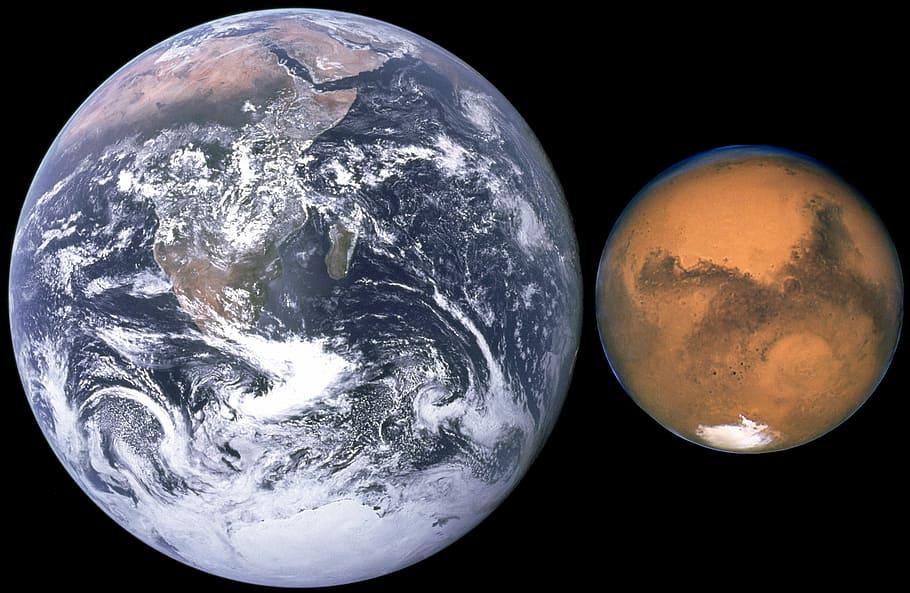 Сравнение, Земля, Марс, фото, общественное достояние, размер, солнечная система, пространство, планета - Космос, луна