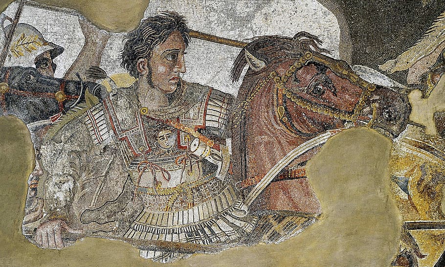 Alejandro, grande, batalla, Alejandro Magno, comandante, foto, héroe, mosaico, dominio público, veterano