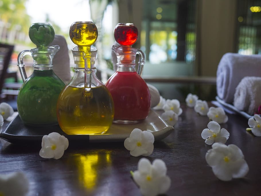 three, yellow, red, green, cruets, tray, essential oil, spa, treatment, aromatherapy