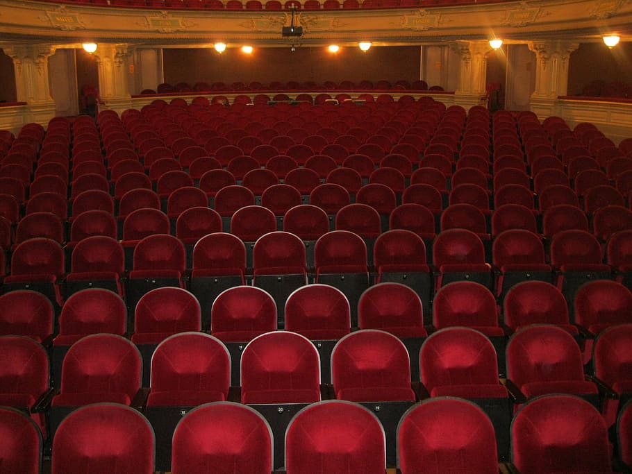 красные театральные стулья, театр, сидения, аудитория, ожидание, возможность, красный, стул, сиденье, в ряд