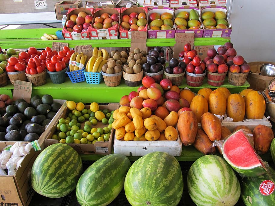 berbagai macam buah-buahan, pasar petani, menghasilkan, segar, makanan, buah-buahan, sayuran, perkotaan, alam, pertanian
