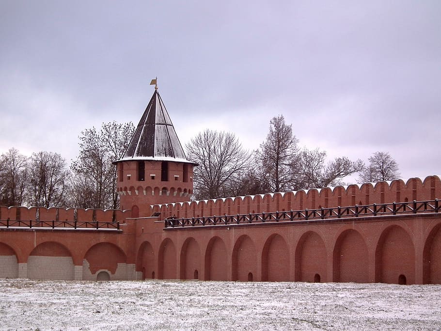 fortress, tower, fence, wall, brick, day, partly cloudy, sky, castle, clouds