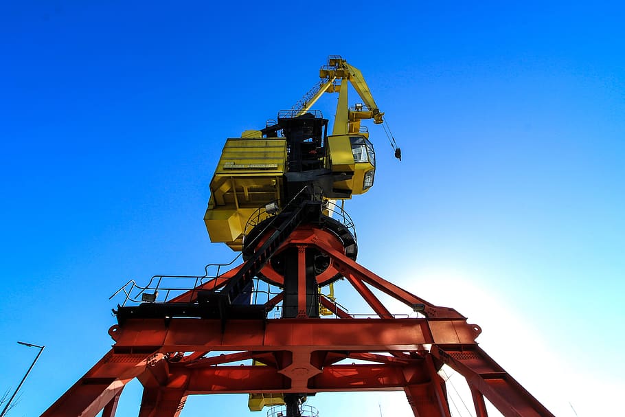 sky, industry, technology, power, crane, spring, colors, electricity, ship, gear