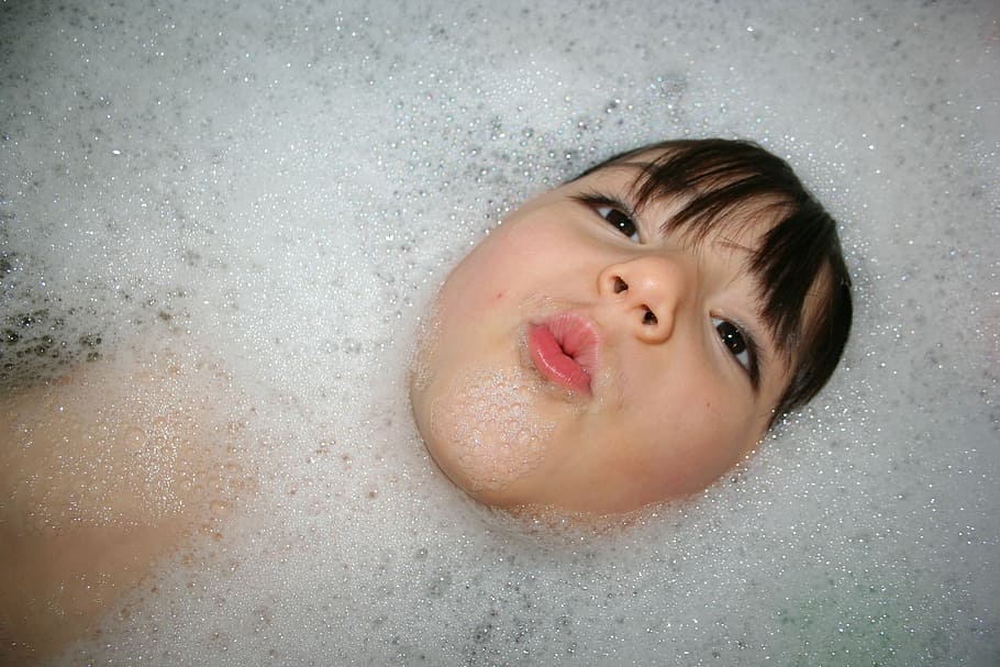 child, taking, bath, bubbles, foam, soap, bathtub, washing, wet, cute