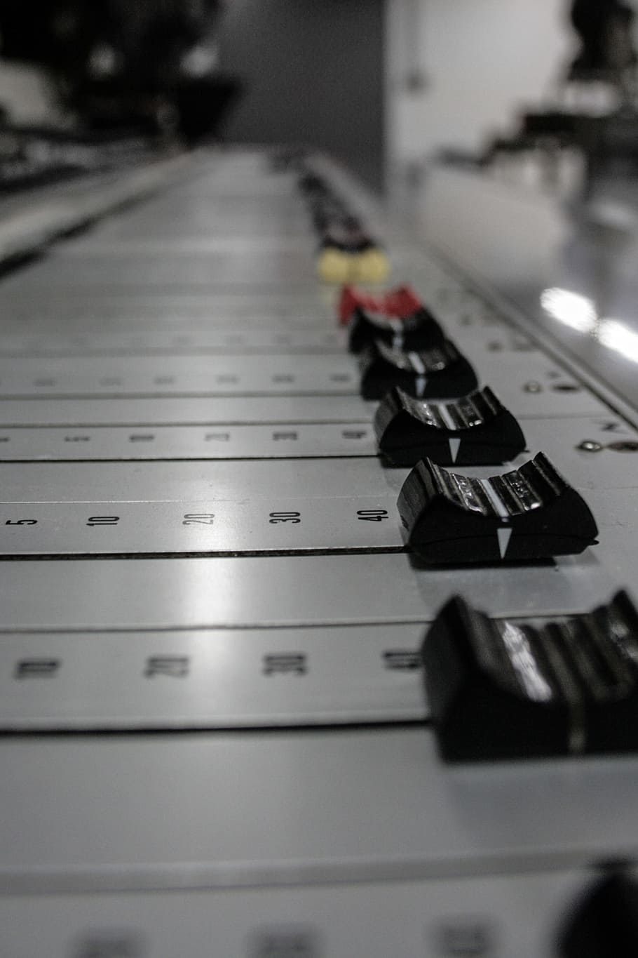 Music, Mixing, Mixing Console, Slider, music, indoors, close-up, day, selective focus, in a row, musical equipment
