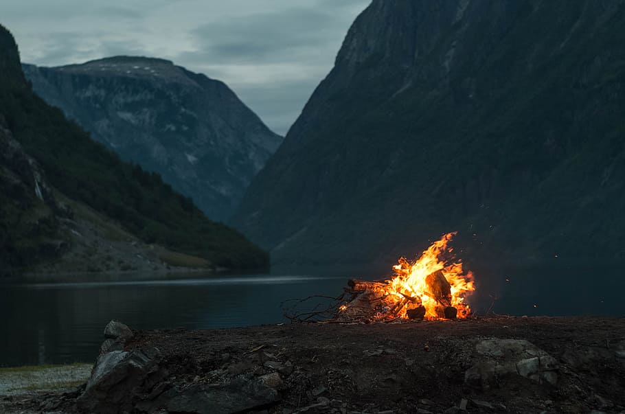 mountains, fire, fjord, outdoor, nature, landscape, tourism, wilderness, adventure, mountain