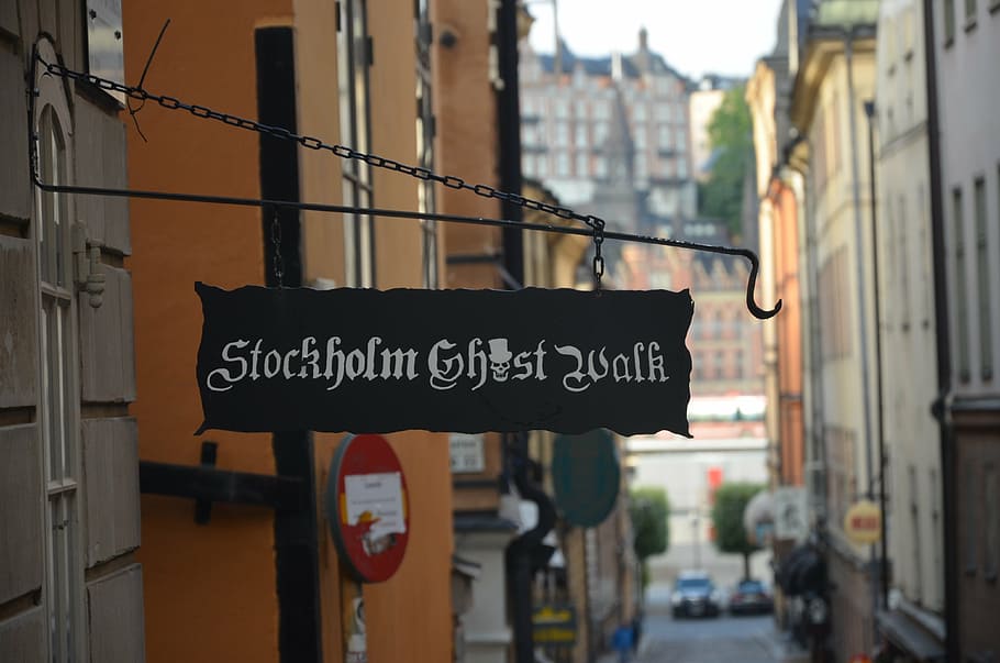 stockholm ghost, walk, sign, stockholm, street, signboard, architecture, city, text, building exterior