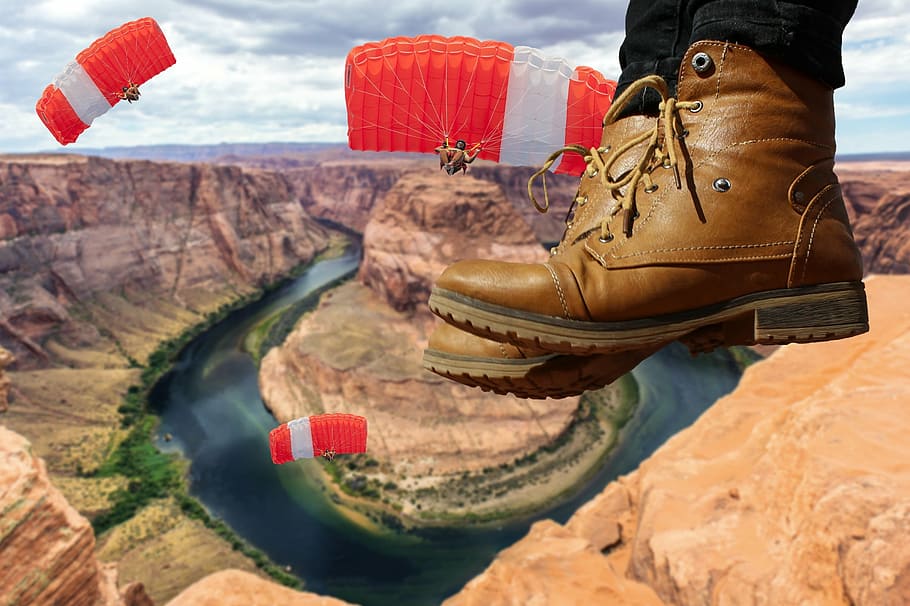 skydiving, horseshoe bend, page, arizona, colorado river, usa, gorge, desert, dry, shoe