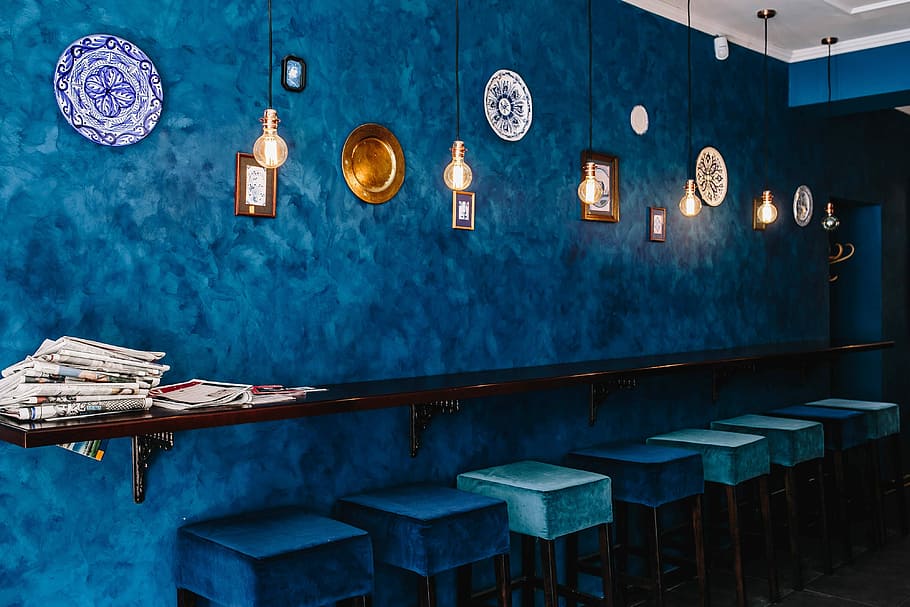 modern, restoran, Interior, furnitur, kafe, biru, bar, dalam ruangan, biru tua, menyala