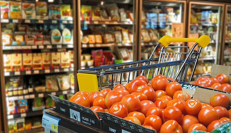shallow, focus photography, orange, tomatoes, shopping, business, vegetables, retail, shopping cart, transport